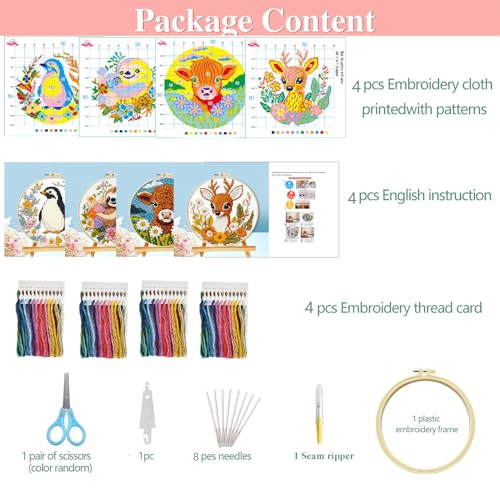 Zhenqing 4-Piece Animal Cross Stitch Kit for Beginners - Complete Set with Pre-Printed 11CT 24x24cm Fabric, Hoop & Tools (Penguin, Sloth, Cow, Deer Designs)(70405)