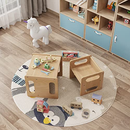 ERUGI Montessori Weaning Table and Chair Set,Real Hardwood, Desk for Toddler Reading,Snack Time,Playroom,Activity Cube,Step Stool,1-3 Year Old Kids Montessori Furniture ERUGI