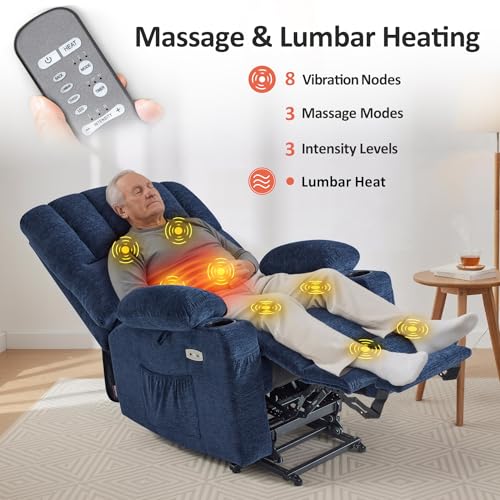 MCombo Power Lift Recliner Chair for Elderly, Lift Chair with Heat and Massage, USB &Type C Ports, Cup Holders, Fabric 7095 (Medium, Navy Blue)