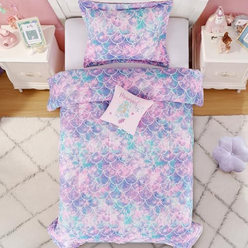 Wink Deer Twin Comforter Set for Girls-3 Pieces Mermaid Glow in the Dark Twin Bedding Sets for Kids,1 Comforter,1 Sham and 1 Decor Pillow Wink Deer