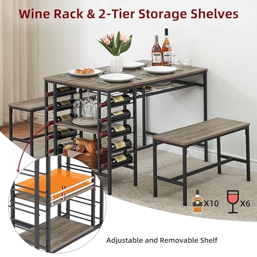 Garvee Dining Table Set for 4, Kitchen Table Set for 4 with 2 Benches, 3 Piece Dining Room Table Set for Small Space Apartment, Grey Garvee