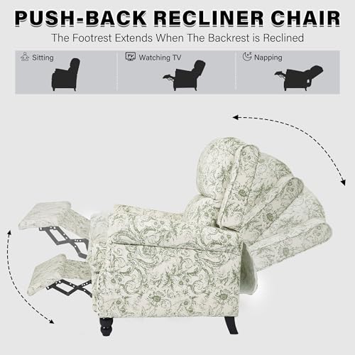 UIXE Floral Pushback Recliner Chair, Fabric Overstuffed Armchair Push Back Accent Chair for Living Room, Rivet Trim Club Chair Home Theater Single Sofa Bedroom Side Reading Seat - Rococo Green