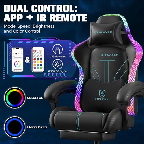 GTPLAYER Gaming Chair, Computer Chair with RGB LED Lights, High Back Ergonomic Chair for Adults with Footrest, Reclining Office Chairs, Linkage Armrest, Blue GTPLAYER