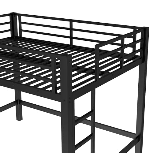Full Size Metal Loft Bed with Safety Guardrails & Dual-Side Ladders for Kids Teens Adults,Heavy Duty Metal Loft Bed Frame with Sturdy Steel Slats & Large Under-Bed Space for Student Bedroom Dorm,Black FUvellamo