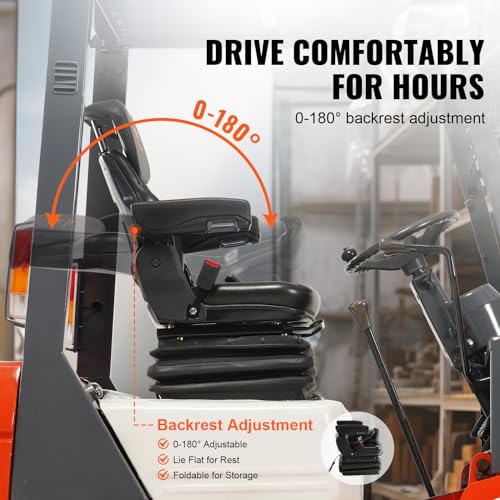 VEVOR Universal Tractor seat Suspension, Fold Down Forklift Seat with Adjustable Angle Back, Micro Switch, Seatbelt and Armrests, 3-level Shock Absorption Tractor Seat for Tractor Loader Excavator VEVOR