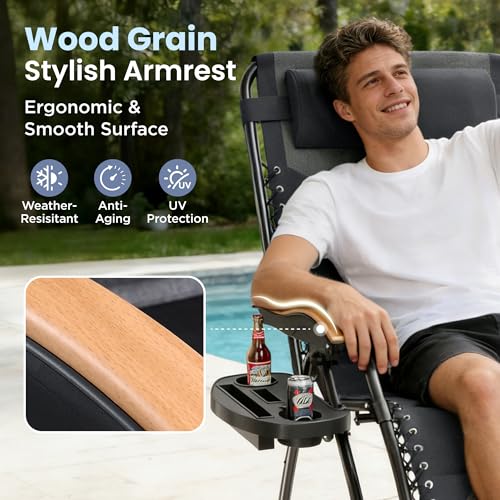 PHI VILLA XXL Oversized Padded Zero Gravity Chair, Foldable Patio Recliner, 30" Wide Seat Anti Gravity Lounger with Cup Holder, Support 400 LBS (Light Gray)