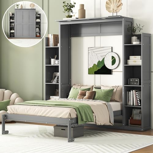 Merax Full Size Murphy Bed with 2 Five-Layer Cabinet, Modern Wall Bed with Shelves and LED Lights, Foldable Wood Platform Bed Folded into Cabinet for Guest Room, Home and Office, Grey Merax