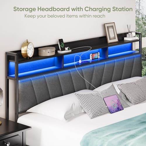 Welzona King Size Bed Frame with Headboard, Metal Platform Bed with LED Lights & Charging Station, 2-Tier Storage, Sturdy and Easy Assembly, Under Bed Storage, No Box Spring Needed, Noise Free, Black Welzona