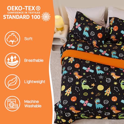 Yibeizi Space Dinosaur Kids Comforter Set for Boys Full Size, Cute Quilted Black Printed Bedding Set with Pillow Sham, Lightweight Soft Breathable Washable Bed Set 3 Piece Yibeizi