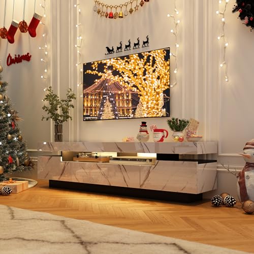 Uspeedy 70IN White TV Stand for 75/80 inch TV,Modern LED TV Stand for Living Room,High Gloss Entertainment Center with Storage Drawer,APP RGB Light,TV Console,Television Stands(Marbling) Uspeedy