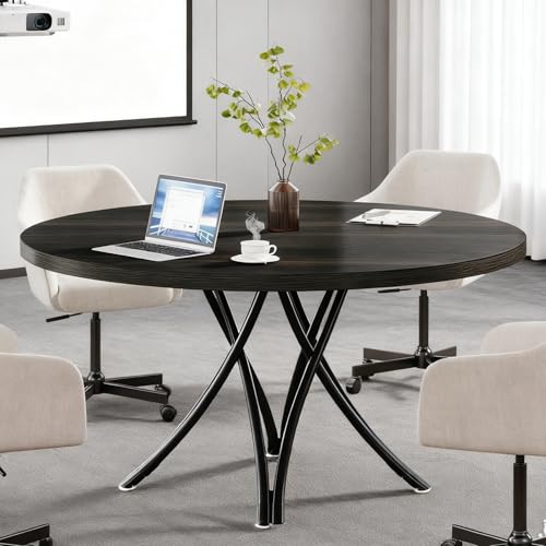 Tribesigns 47" Round Conference Table for 4-6, Modern Office Meeting Table with Metal Cross Legs for Office, Conference Room, Small Spaces (Black) Tribesigns
