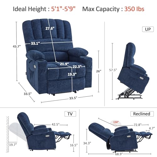 MCombo Power Lift Recliner Chair for Elderly, Lift Chair with Heat and Massage, USB &Type C Ports, Cup Holders, Fabric 7095 (Medium, Navy Blue)