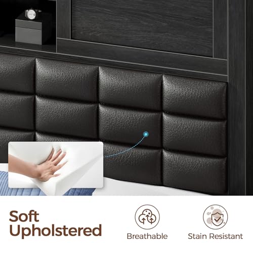 Rolanstar Bed Frame Twin Size with Charging Station, Bookcase Headboard Bed with LED Light and Sliding Doors, Platform Bed with Wooden Slats, No Box Spring Needed, Noise Free, Black Rolanstar