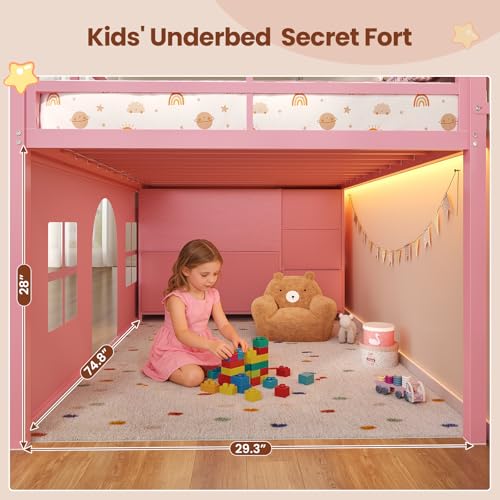 ADORNEVE Low Loft Bed Twin Size with Tent, 5 Storage Drawers, LED Lights, Metal Kids Loft Bed with Bookcase & Under-Bed Play Space,Twin Loft Beds with 13.8''H Safety Guardrail,Inclined Ladder, Pink ADORNEVE