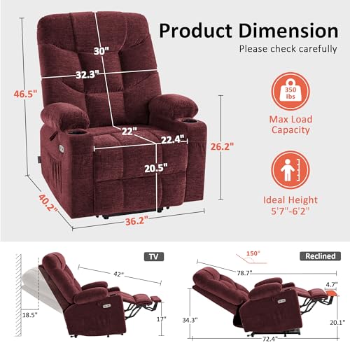 MCombo Power Lift Recliner Chair with Extended Footrest for Elderly People, Fabric 7283 (Burgundy, Large)