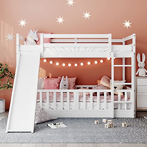 Bellemave Twin Over Twin Floor Bunk Bed with Slide and Ladder, Low Bunk Bed for Kids, Girls, Boys, Removable Fence, White with Fence Bellemave
