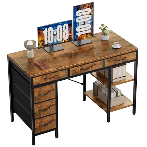 Sweetcrispy 47" Computer Desk with 6 Drawers, Home Office Gaming Desks with Storage Shelves for Bedroom, Writing Study Corner Living Room Work Table Rustic Brown Sweetcrispy
