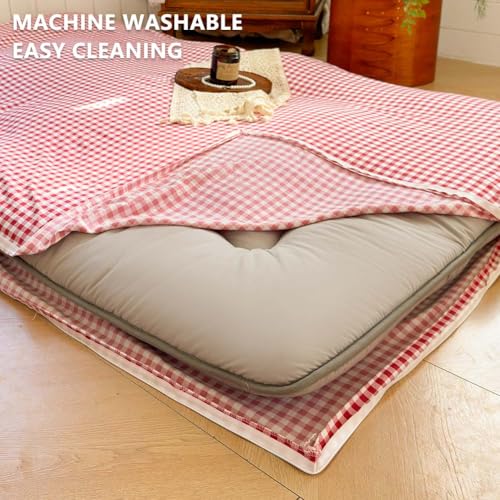 Red Gingham Japanese Floor Mattress Futon Cover Twin for 3-4" Thick Pad, Checked Plaid Japanese Tatami Mattress Cover,Grid Guest Sleeping Mat for Floor (Red Gingham, Twin) NSNLGSGC