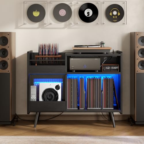 Upgraded Large Black Record Player Stand -Turntable Stand Shelf with with Power Outlet and LED Light,Vinyl Record Storage Cabinet Up to 350 Albums,Wood Record Player Holder Table for Living Room Loomie