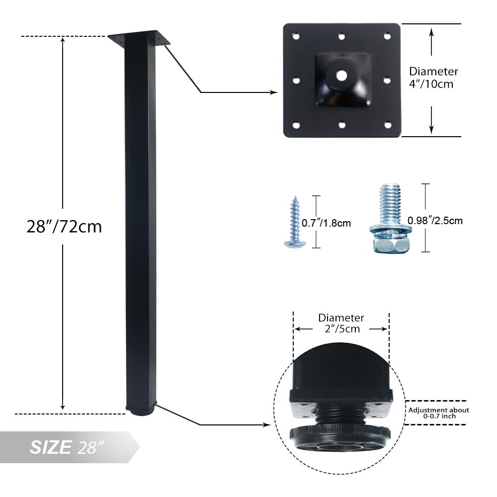 QLLY 28 inch Adjustable Metal Furniture Legs, Square Office Table Furniture Leg, Set of 4 (Black) QLLY
