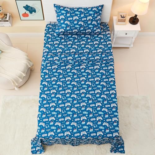 Softan Kids Bed Sheet Set, 4-Piece Full Size Sheets, Microfiber Fitted Sheet with 15 Inches Deep Pocket and Corner Straps, Breathable & Silky Soft Game Controller Printed Sheet and Pillowcase Sets Softan