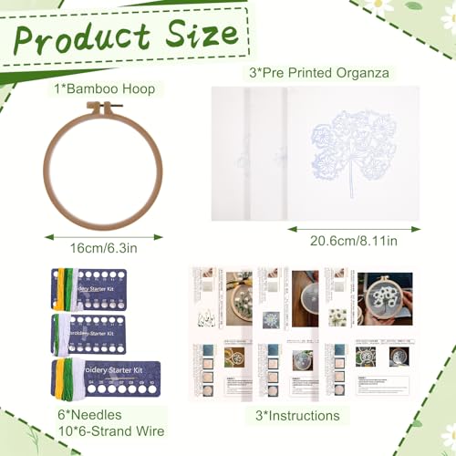 Ovveroche 3 Sets Embroidery Kit for Beginners, Flower Cross Stitch Kits for Adults, Starter, Hand Craft Lover Practice with Floral Stamped Pattern White