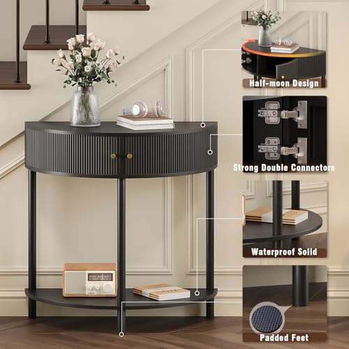 Trironsun Fluted Half Moon Console Table 2 Tier Narrow Entryway Table with Storage for Small Space Modern Wood Sofa Table with Doors and Gold Knobs Boho Home Decor Trironsun