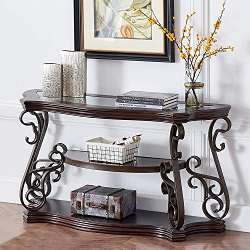 SSLine Traditional Vintage 3-Tier Sofa Console Table with Tempered Glass Table Top,Wood Accent Side Table with Marble Paper Middle Shelf,Hall Table for Living Room Bedroom Entryway SSLine