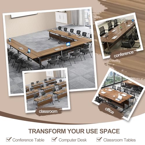 Conference Room Table, 14FT Large Folding Conference Table for 10-15 People, Training Tables with Caster Wheels, Business Style Wooden Meeting Table with Strong Metal Frame, Flip Top Table (6 PCS) bbyekctc