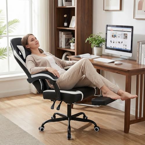 Giantex Gaming Chair, Height Adjustable Computer Desk Chair with Headrest, Lumbar Support, Linkage Armrests, Reclining Backrest & Footrest, Ergonomic Office Chair, Video Game Chair (Black) Giantex