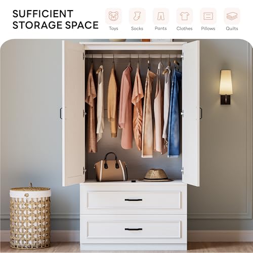 LIKIMIO Armoire Wardrobe Closet with 2 Doors and 2 Drawers 70" H x 36" W Wooden Bedroom Freestanding Wardrobe Combination for Hanging Clothes, White LIKIMIO