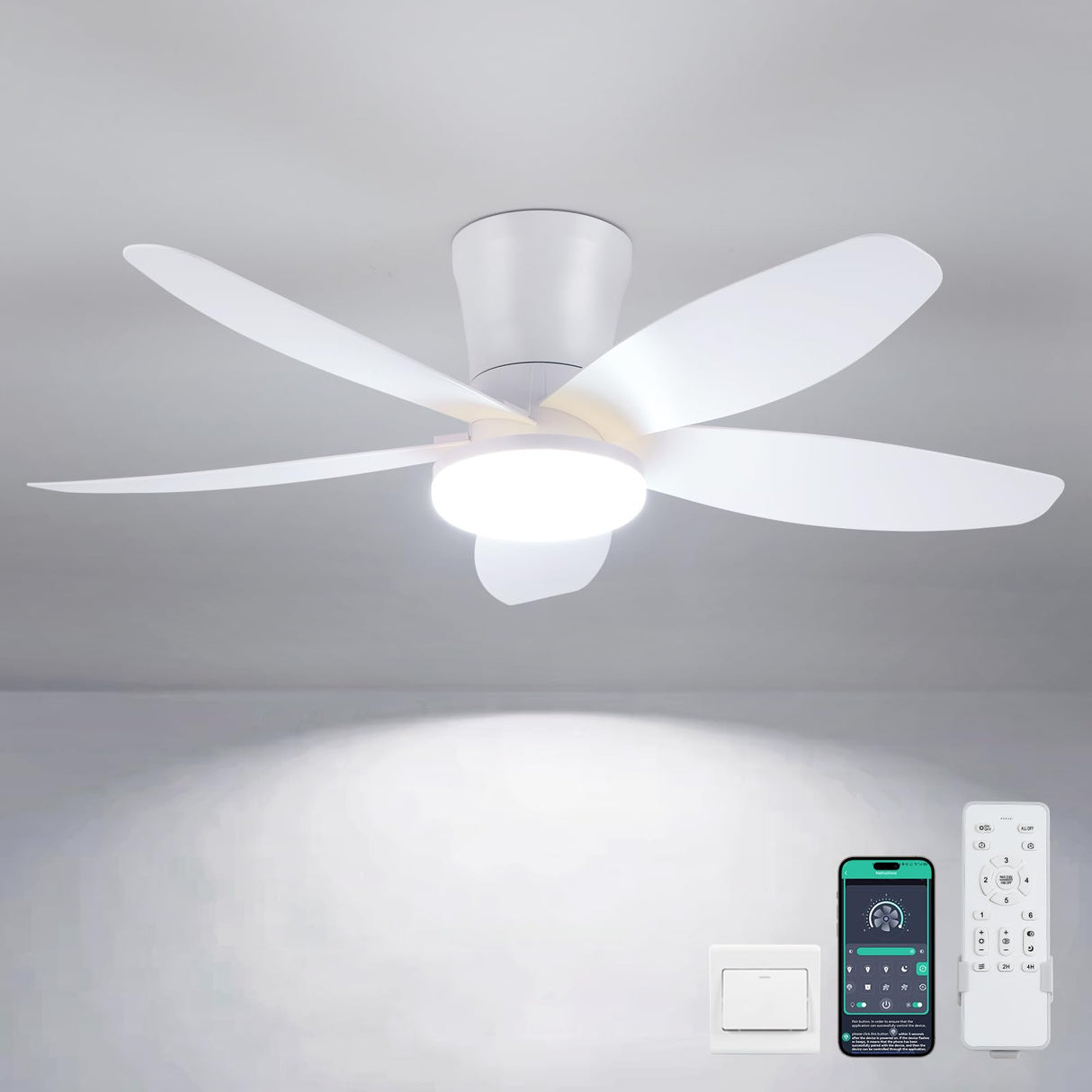 Surtime Ceiling Fans with Lights-36 Low Profile Ceiling Fan with Light and Remote/APP Control,Flush Mount,DC Reversible,LED Dimmable Modern Ceiling Fans for Bedroom,Indoor/Outdoor Patio Use(White) Surtime