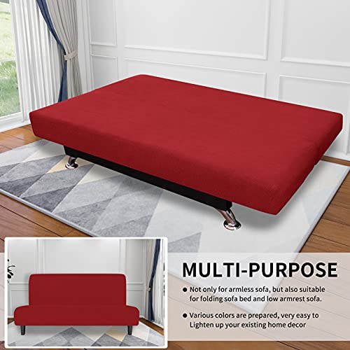Easy-Going Stretch Futon Slipcover Armless Futon Bed Cover Furniture Protector Without Armrests with Elastic Bottom for Kids, Soft Jacquard Fabric Small Checks (Large, Christmas Red) Easy-Going