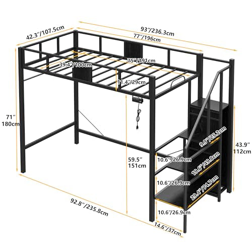 Furniouse Twin Loft Bed with Storage Stairs and Wardrobe, Heavy Duty Loft Bed, RGB LED Bed with USB Port, Outlets and Adjustable Furniouse