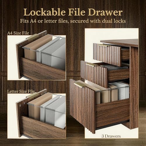 Perledesign 70 Inches L Shaped Executive Standing Desk, Electric Height Adjustable Desk with File Cabinet, Computer Corner Table with AC/USB and Privacy Panel for Home and Office, Black Walnut Perledesign