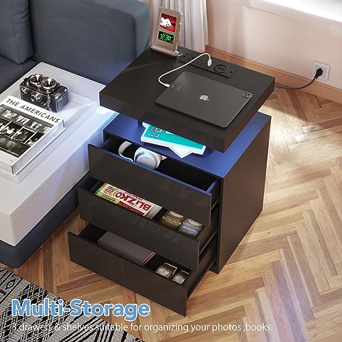 HOMMPA LED Nightstand with Wireless Charging Station 2 Outlets USB Port Type C Black Bedside Table with 3 Drawers Modern Smart LED Nightstand Tall 26.8in High Gloss Night Table with Light for Bedroom HOMMPA