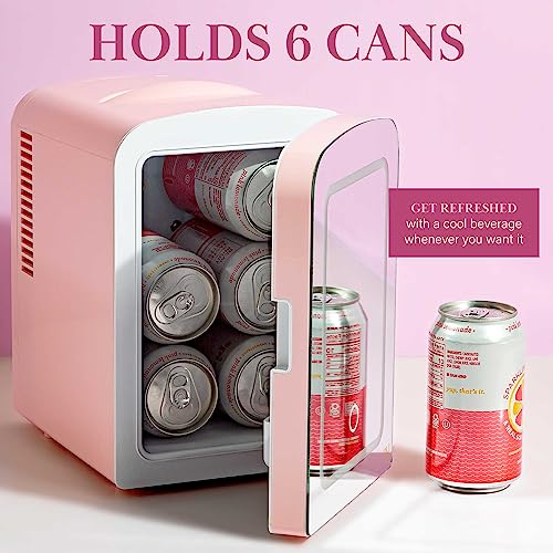 Paris Hilton Mini Refrigerator and Personal Beauty Fridge, Mirrored Door with Dimmable LED Light, Thermoelectric Cooling and Warming Function for All Cosmetics and Skincare Needs, 4-Liter, Pink Paris Hilton
