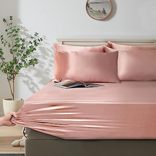 Manyshofu 6Pcs Rose Gold Duvet Cover Set Queen Size - Satin Fitted Sheet & Pillowcases, Silky Duvet Cover Manyshofu