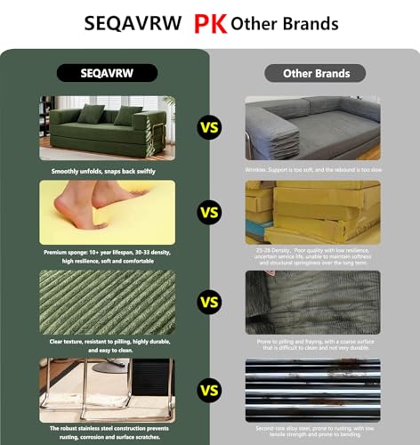 SEQAVRW 79" Boneless Sofa Bed, 5-in-1 No-Assembly Convertible Sleeper Couch with Fixed Frame Armrests, Modular Corduroy Futon, Compressed in a Box for Space Saving (Green, Includes 2 Pillows) SEQAVRW