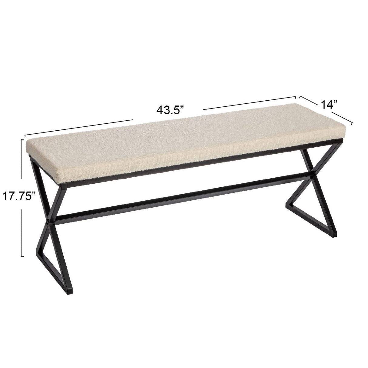 Household Essentials Harper Metal Bench with Boucle Upholstered Cushion, Cream and Black Household Essentials