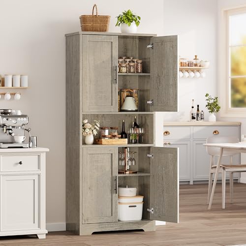 GarveeHome Tall Storage Cabinet, 70 in Kitchen Pantry Cabinet with Doors and Adjustable Shelves, Rustic Wooden Cupboard for Dining Room, Living Room,Gray GarveeHome