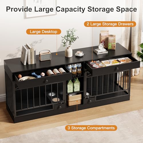 IDEALHOUSE 78.7" Double Dog Crate Furniture with Storage and 2 Doors, Dog Kennel Indoor with Feeding Bowls, Wood Dog Crate TV Stand for Small Medium Dogs, Black IDEALHOUSE