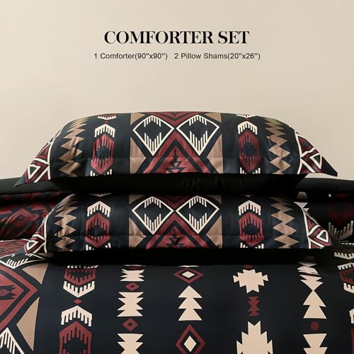 Tyrot Queen Comforter Set – 3 Piece Black Red Boho Aztec Bedding, Western Southwestern Style Comforter Sets, Soft Lightweight Comforter for All Seasons, 1 Comforter & 2 Pillow Shams Tyrot