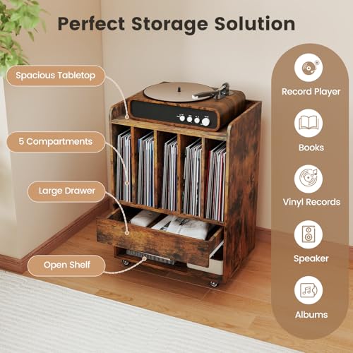 LOKO Record Player Stand On Wheels, Rolling Turntable Stand with 5 Compartments, Drawer & Open Shelf, Vinyl Display Shelf Storage Cabinet for Living Room, Bedroom, Study (Rustic Brown, 21" x 14") LOKO