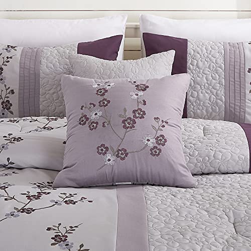 Chezmoi Collection Linnea 7-Piece Luxury Purple Lavender Gray Cherry Blossom Floral Embroidery Comforter Set, Queen Chezmoi Collection