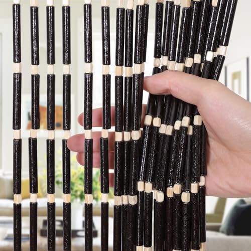 Boshen Handmade Bamboo Beaded Curtains for Doorways, 65 Strands 35.5x78.7inch Natural Wood Boho Hanging Door Beads Curtains Room Divider for Home Decor Hallway Window(Black) Boshen