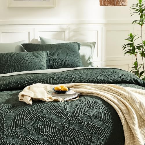 Geniospin King Size Comforter Set - 7 Pieces Dark Green Bedding Set, Botanical Textured Comforter Bed Set, All Season Lightweight Bed in a Bag with Comforter, Sheets, Pillowcases & Shams Geniospin