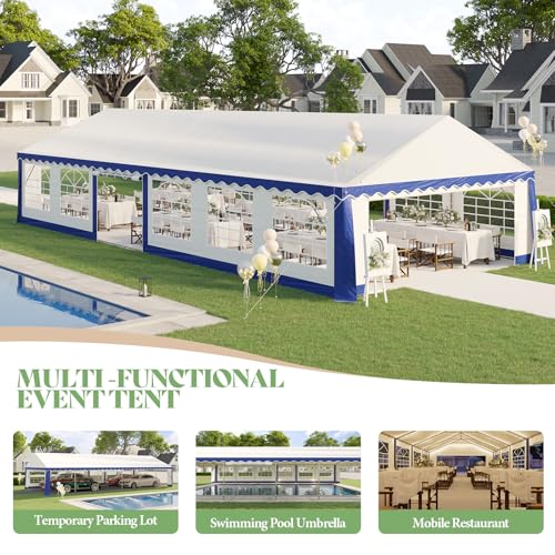 AMERLIFE 20 x 40 FT Party Tent with Rolled Sidewalls, Heavy Duty Wedding Tent for Party Outside with Zinc Alloy Tube & Spiral Stakes, Waterproof Event Shelters, White & Blue AMERLIFE