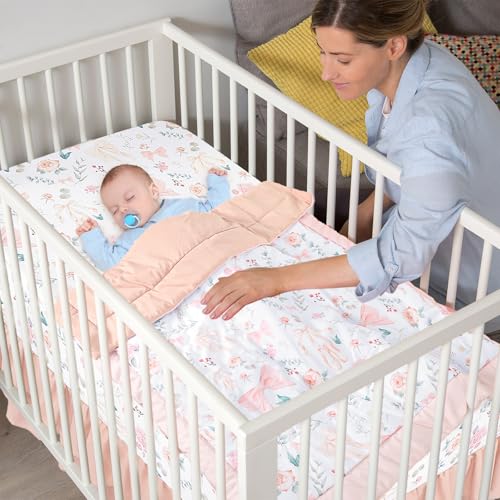 GFU Crib Bedding Set for Girls 4-Piece, Bow Baby Girl Crib Bedding Set Pink Flowes, Nursery Sets Includes Comforter, Fitted Crib Sheet, Crib Skirt, and Diaper Stacker GFU