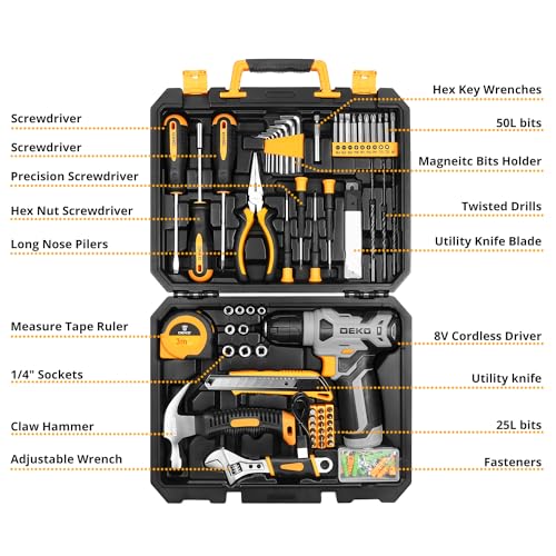 DEKOPRO 126 Piece Power Tool Combo Kits with 8V Cordless Drill, 10MM 3/8'' Keyless Chuck, Professional Household Home Tool Kit Set, DIY Hand Tool Kits for Garden Office House Repair DEKOPRO